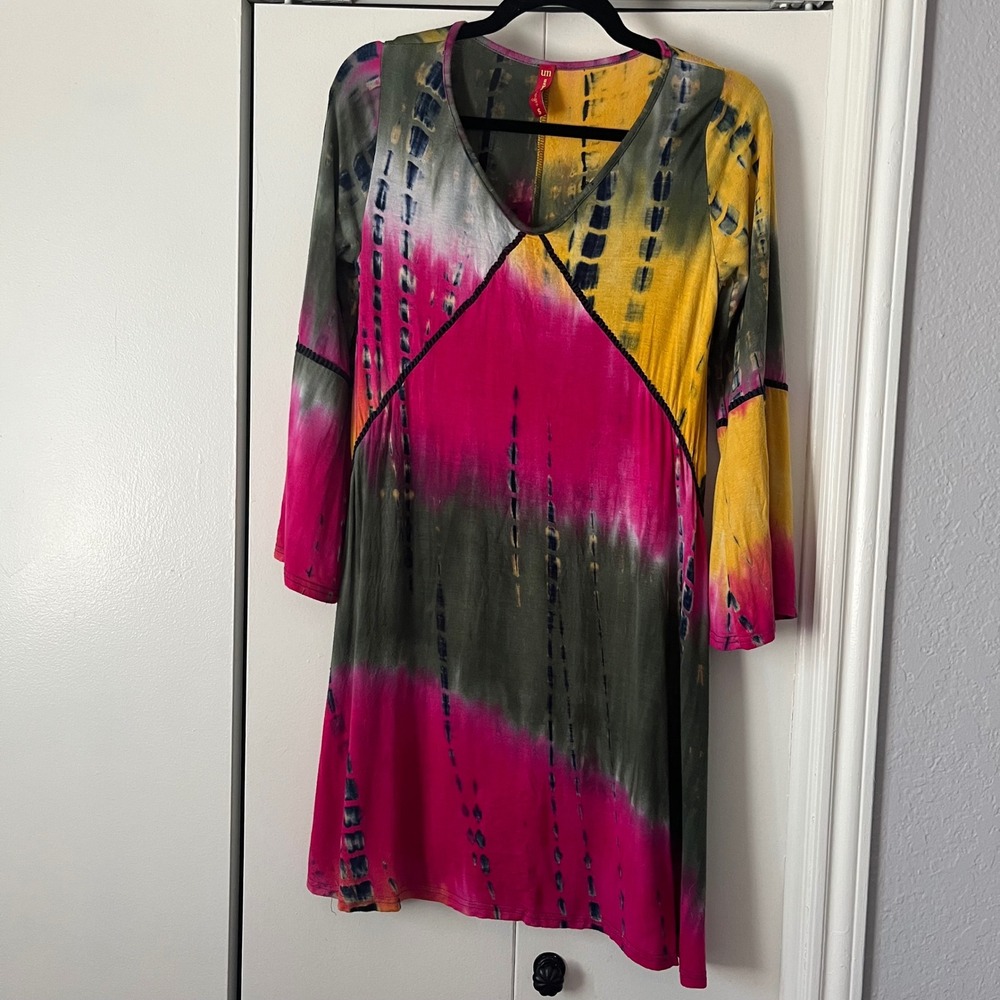 Urban Mangoz Tie Dye V Neck Long Sleeve Dress Bohemian Colorful Small